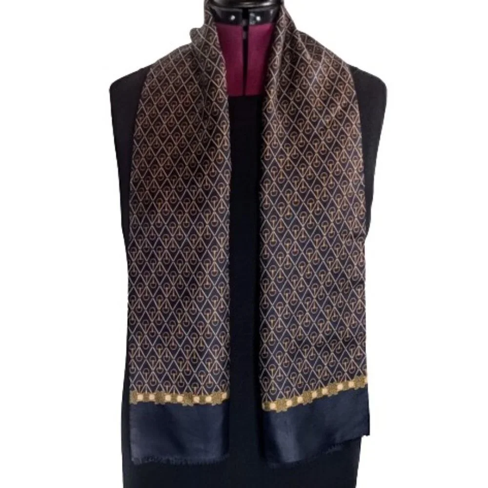 Paolo Gucci Italian Silk Wool Navy Blue Fringed Oblong Scarf